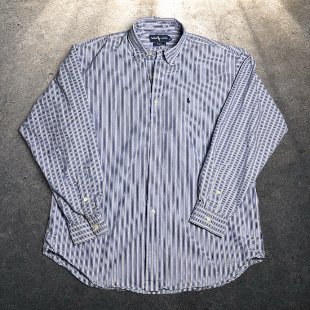 Vintage Ralph Lauren Blake Striped Button Down Shirt Blue White Size Large
